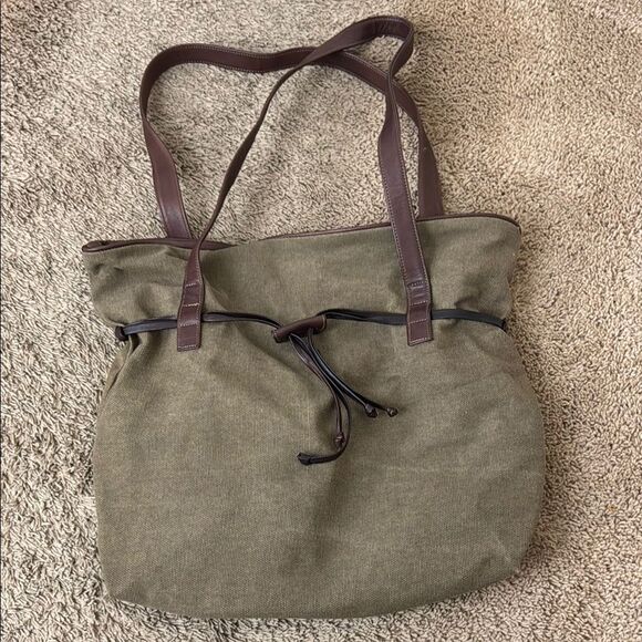 Olive Canvas Tote Bag Vegan Brown Leather Straps and Trim Minimalist Casual - Picture 1 of 7